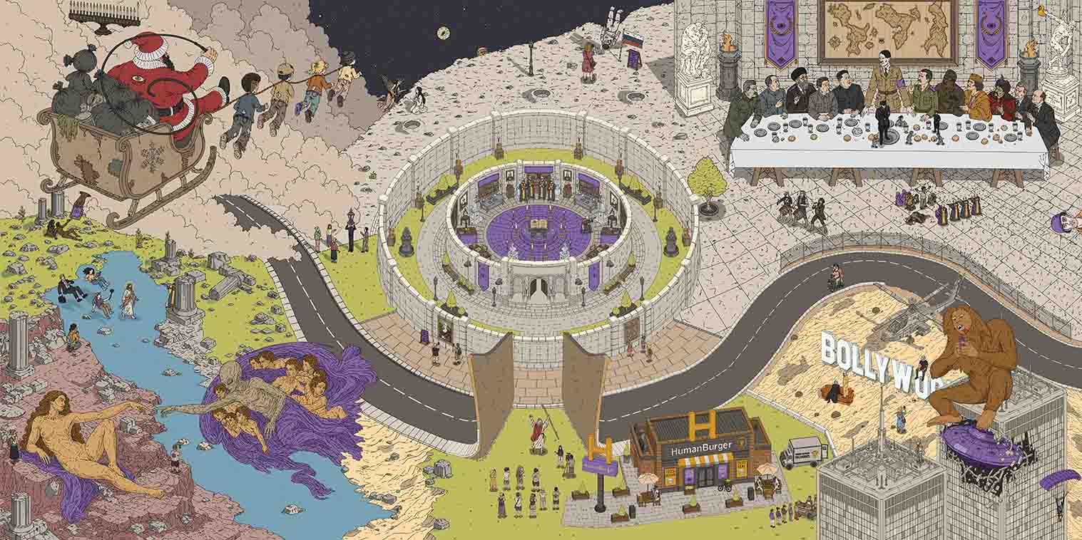 An isometric illustration of the AI Cathedral, surrounded by a dystopian world composed of historical, cultural, and fictional scenes.