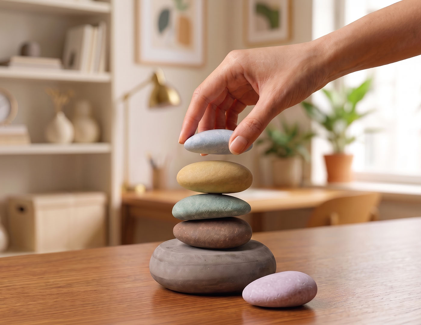 MORA — An acoustic object that reshapes the workspace. A ritual of stacking cast “sound stones,” with each stone adding a different layer of sound, creates a moment of grounding and presence intended to reduce stress.