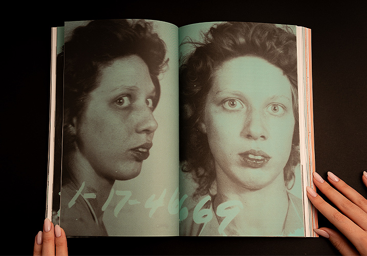 .Across both pages are archival photographs of a woman shown in profile and front view, in the style of police identification photographs, with an identification number printed on the image