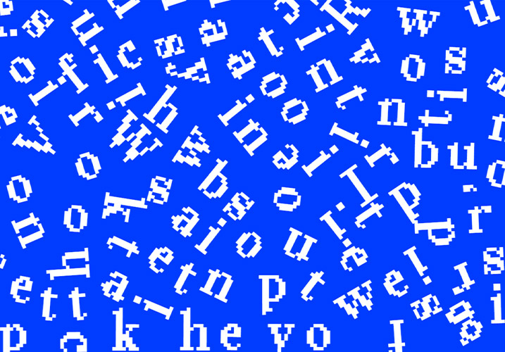 A screenshot from the project's secondary screens, displaying a chaotic collection of white pixelated letters on a blue background.