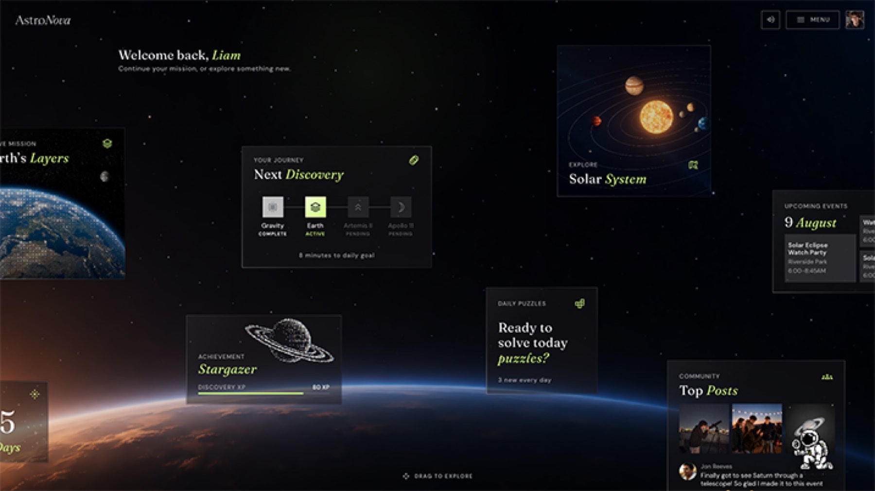 AstroNova homepage featuring cards for exploring the solar system, Earth’s layers, puzzles, achievements, events, and community posts.