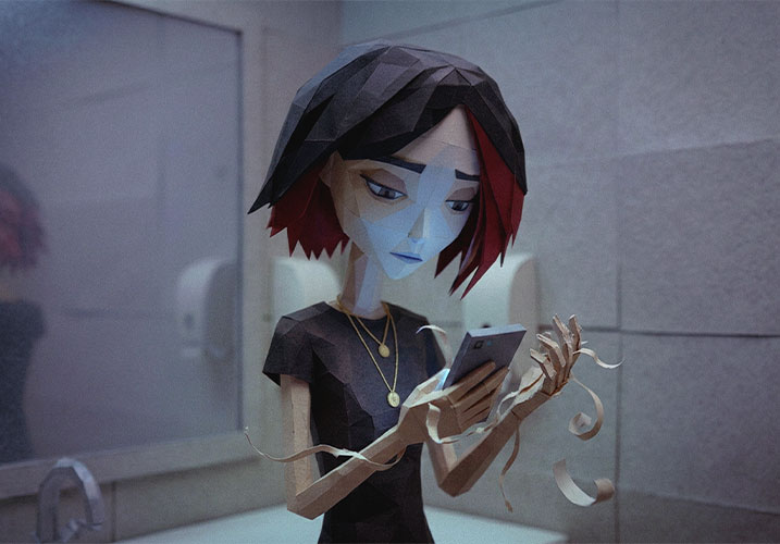 Handmade paper-style woman with black and red hair looking at her phone as strips of paper begin peeling away from her hands and arms.