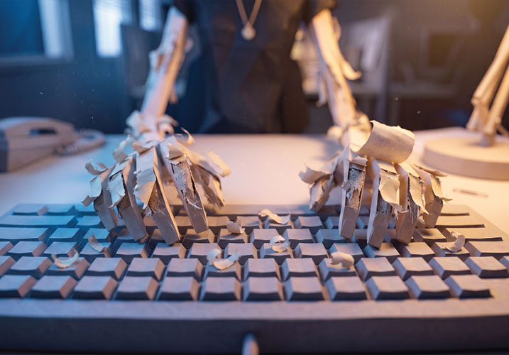 Close-up of deteriorating paper hands typing on a computer keyboard, with torn paper fragments scattered across the keys.