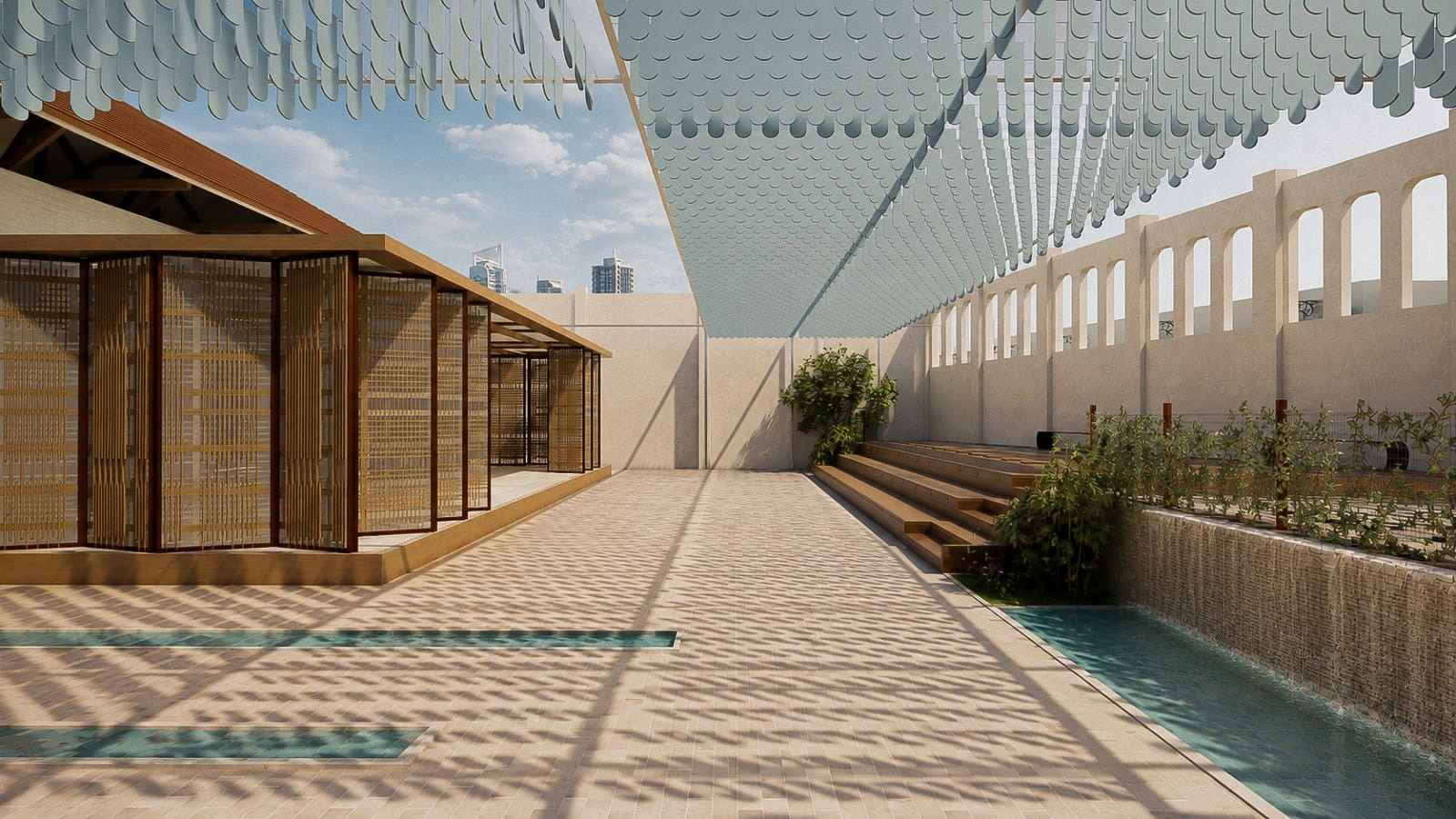 הדמיית החצר של Resonance Center, הכוללת פרגולה קינטית, אלמנט מים, טריבונות ישיבה ופתחי שמע המעבירים אליהן צלילים מחללים אחרים במבנה.