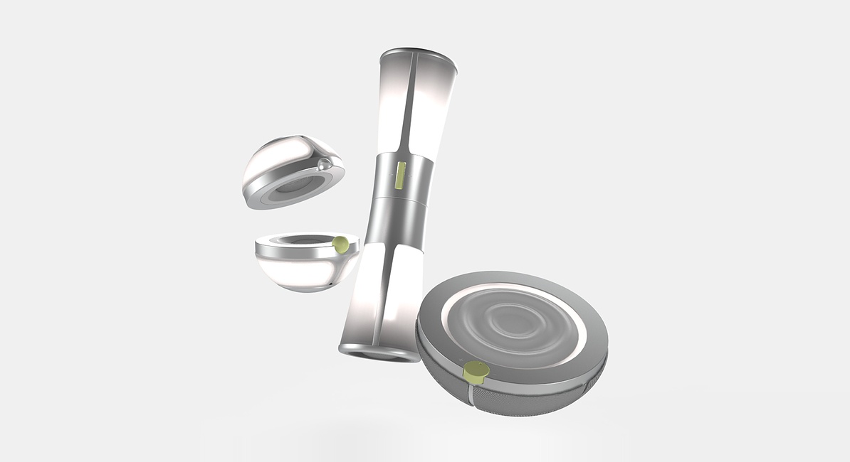 The three ELEMENTS products floating against a light grey background. Brushed aluminium with lime-green accents
