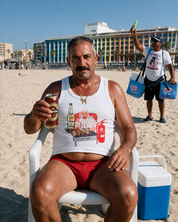גבר יושב על כיסא בחוף עם פחית בירה ביד, לובש גופיית 