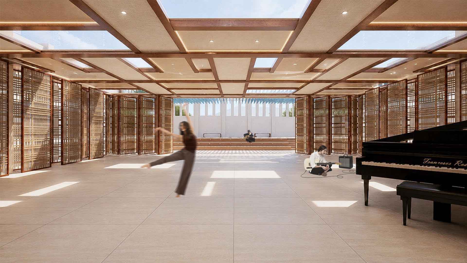 הדמיית החלל המרכזי בResonance Center, הכולל מחיצות מודולריות המאפשרות לפתוח ולסגור את החלל בהתאם לסוג הפעילות, לצד אזורי שהייה ומפגש.