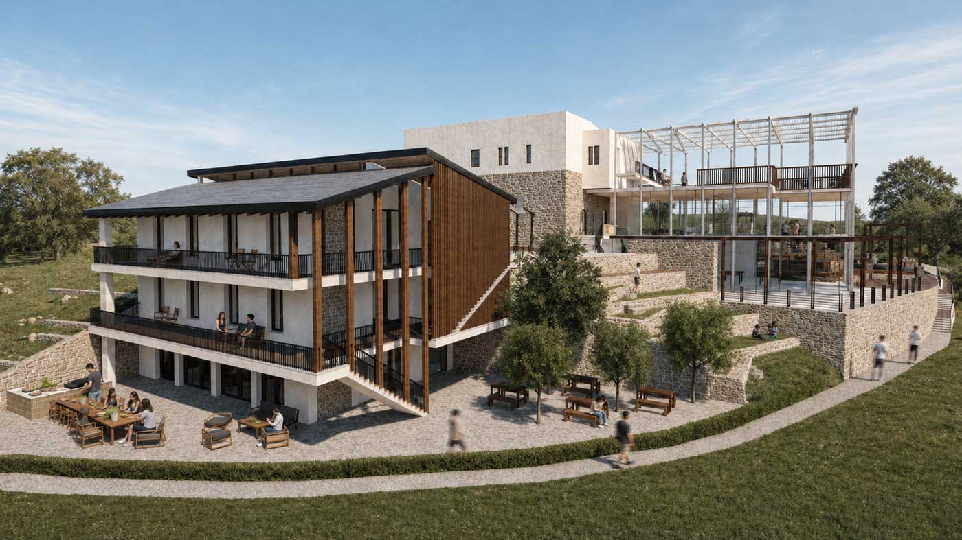 Residential Building - Exterior View: A terraced structure blending into the mountain's stone terraces, featuring balconies and outdoor seating overlooking the open view.