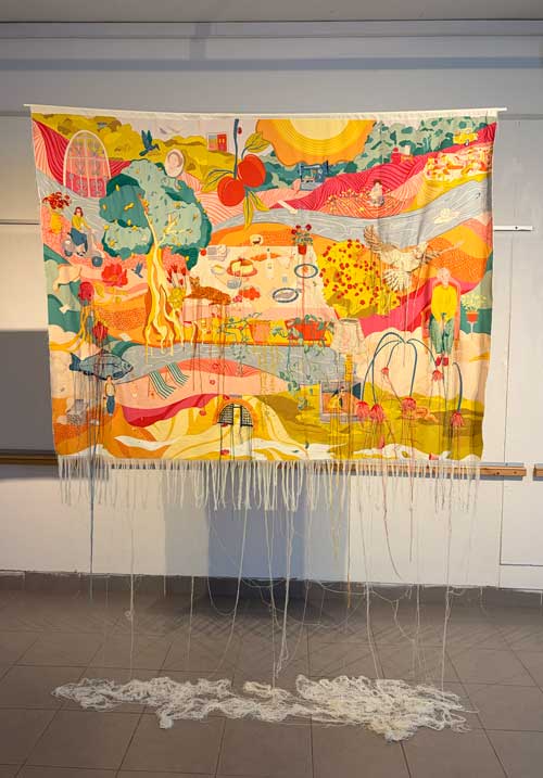 A printed, embroidered, and unraveled illustration bringing together memories and stories from my grandmother’s life, undergoing a gradual process of unraveling.