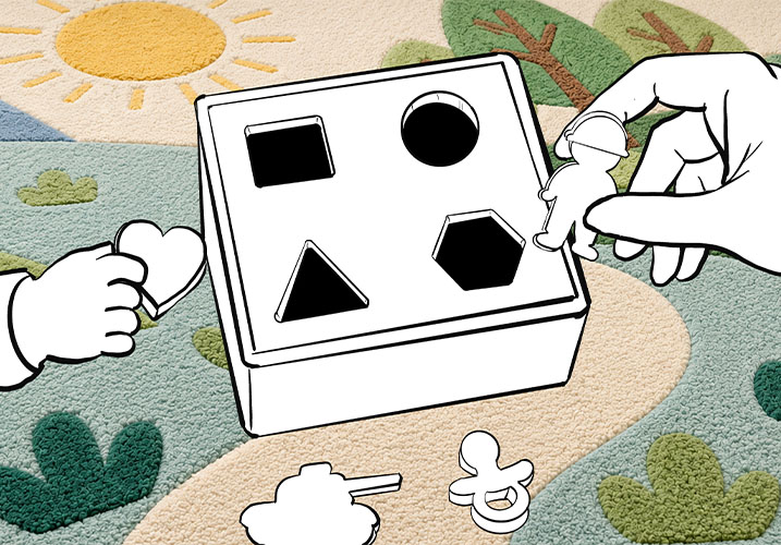 Hands playing with a children’s shape-sorting toy, alongside a pacifier and a soldier figure
